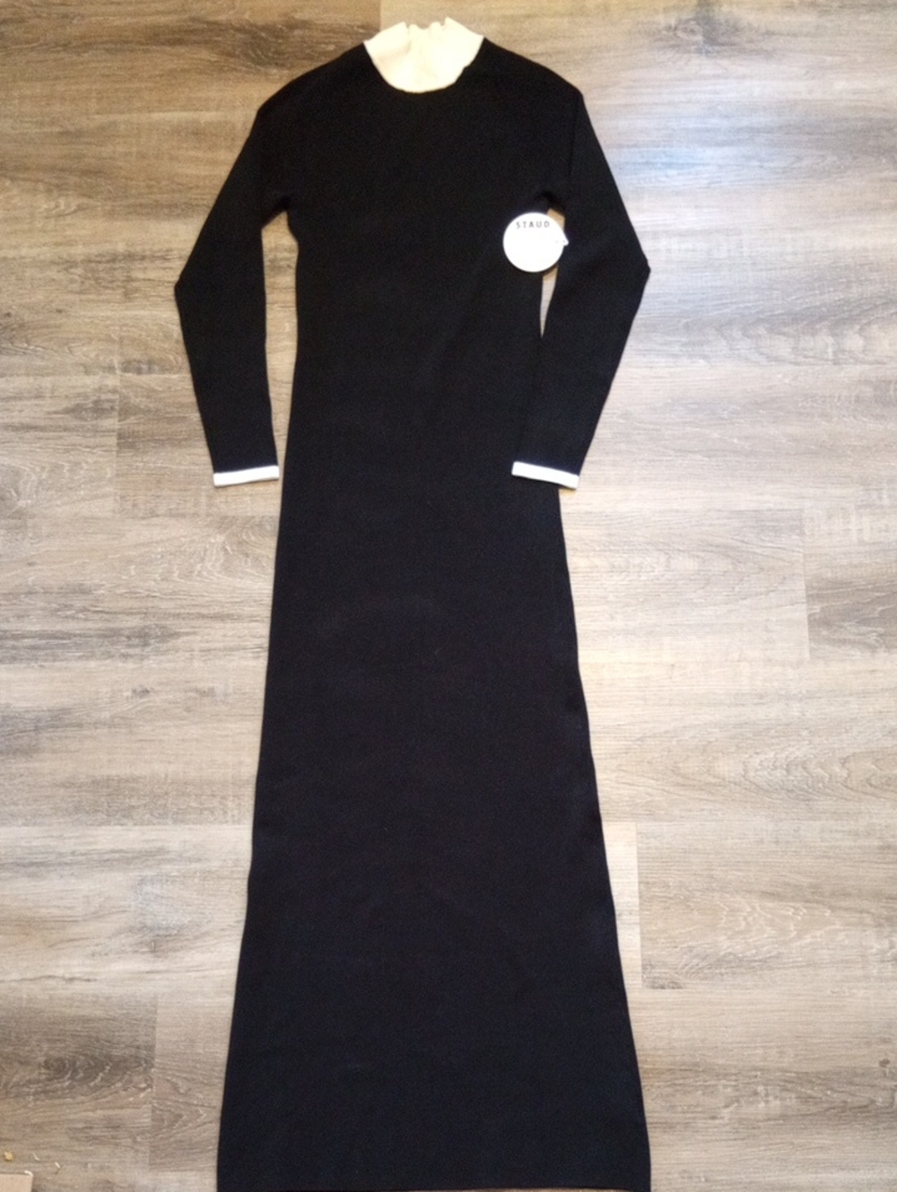 STAUD Black Knit Maxi Dress White Trim Cut Out Back Size Medium